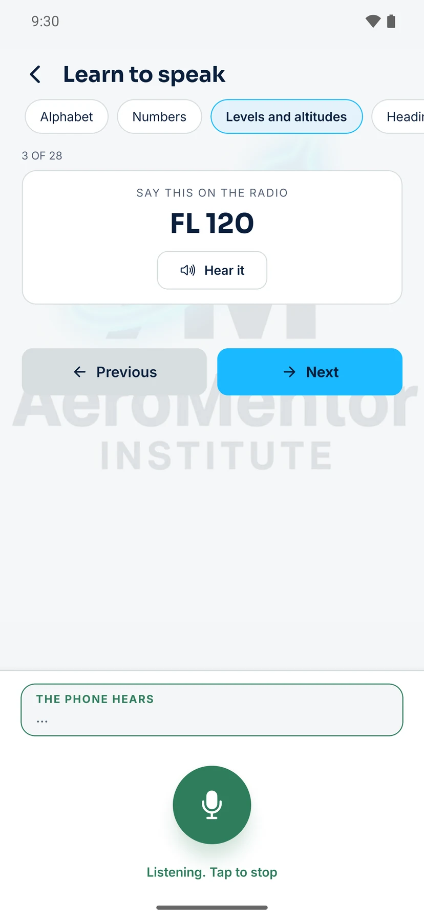 AeroMentor app, the RT Trainer drill: say FL 120 while the phone listens