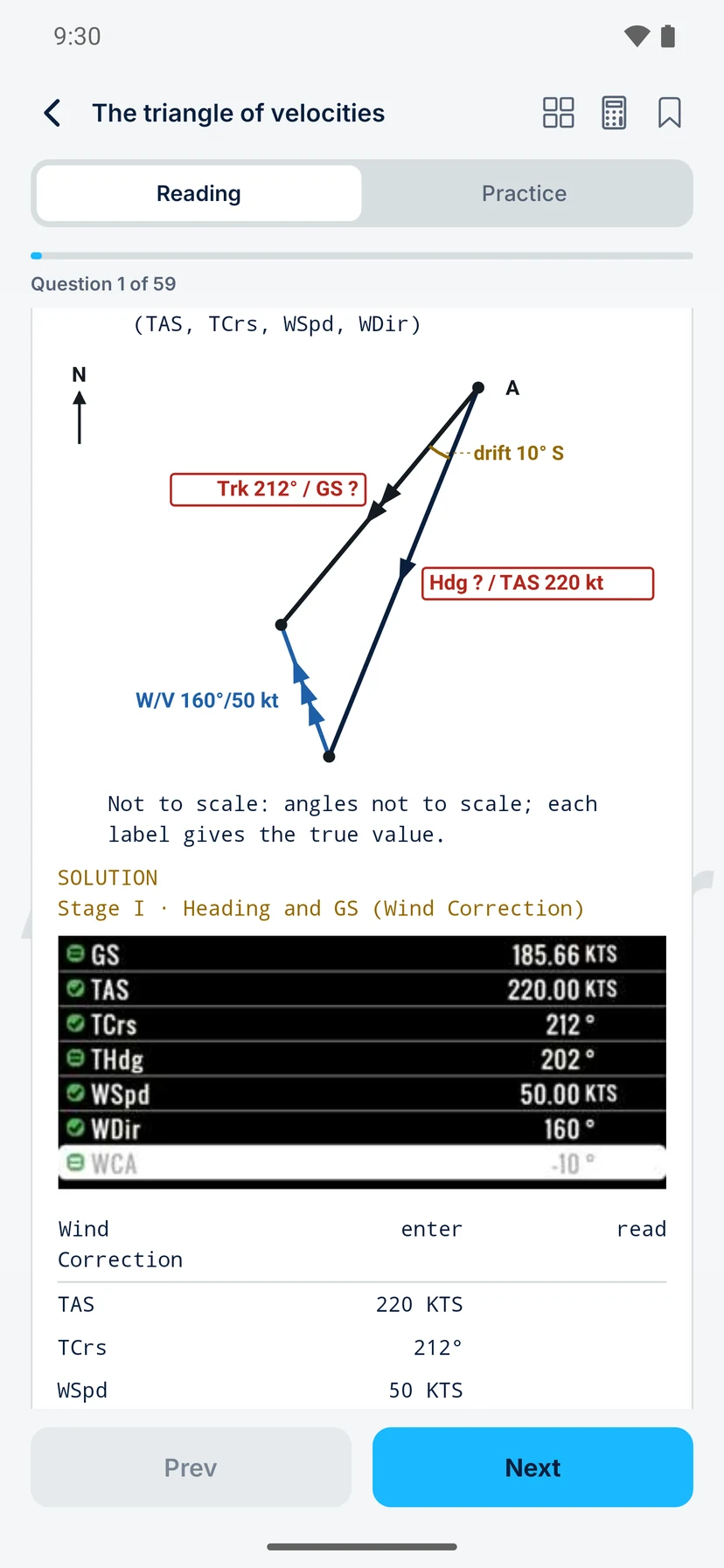 AeroMentor app: a triangle of velocities numerical, worked step by step with the figure drawn