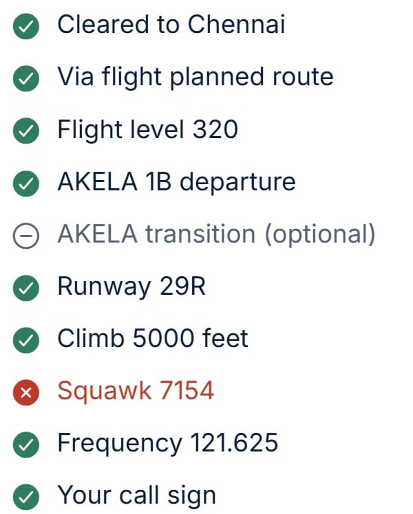 Required items: cleared to Chennai, via flight planned route, flight level 320, AKELA 1B departure, AKELA transition (optional), runway 29R, climb 5000 feet, squawk 7154 (missed), frequency 121.625, your call sign
