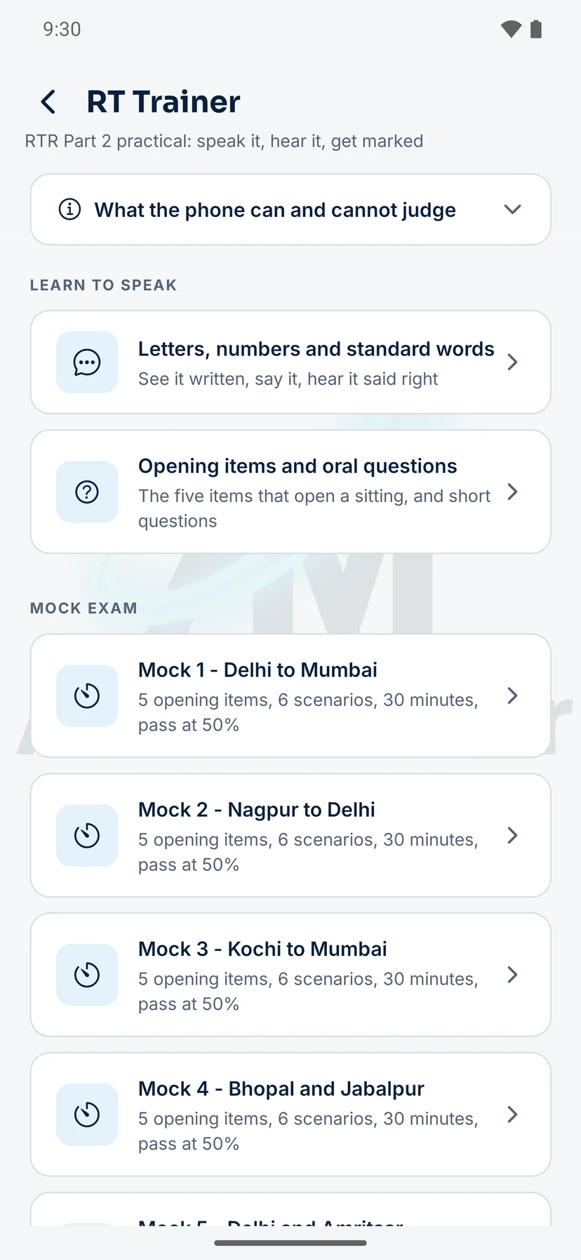 RT Trainer home: learn to speak, opening items and oral questions, and the mock exams